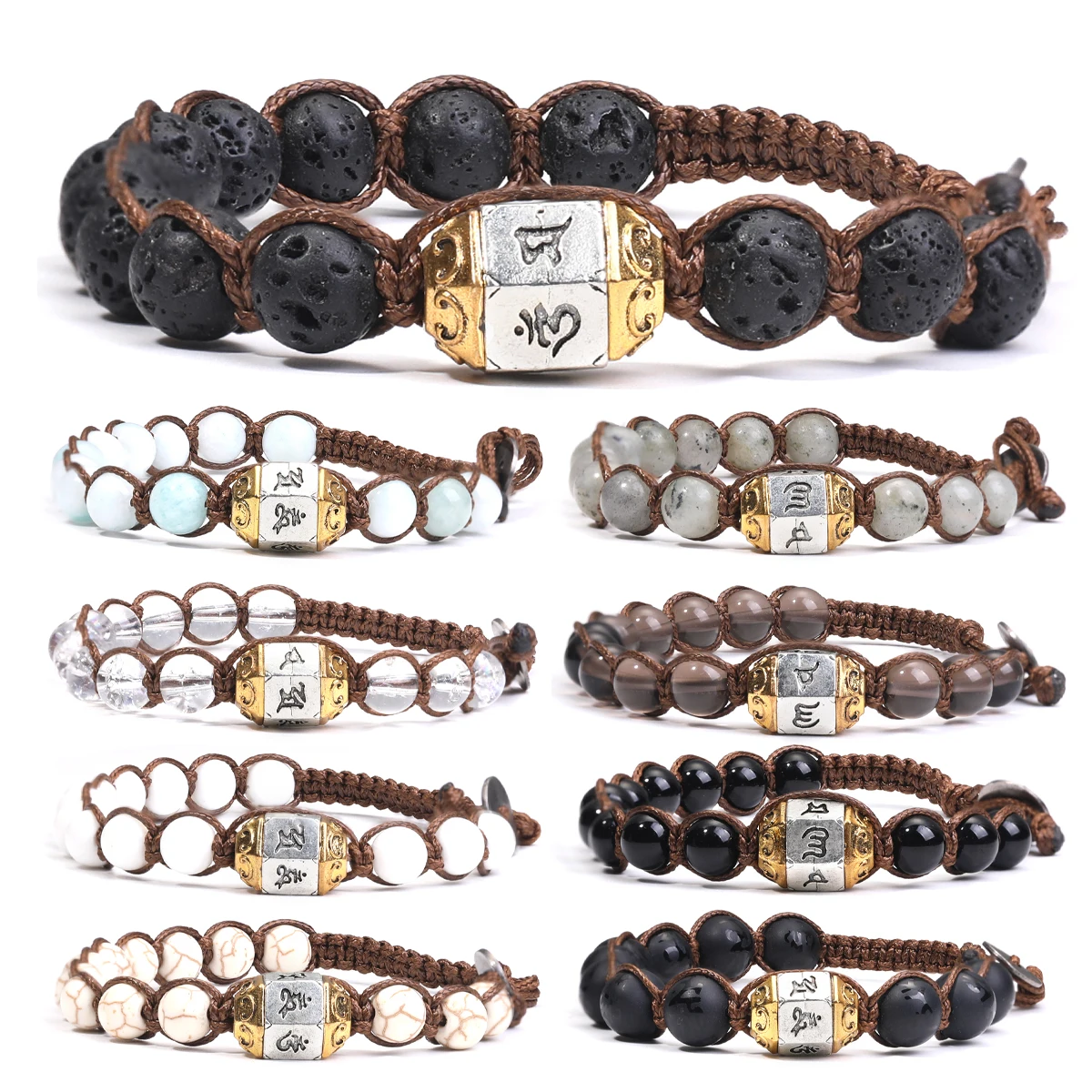 

Natural Stone 8mm Round Beads Hand-Woven Adjustable Bracelet Tibetan Style Faceted Six-Syllable Mantra Classic Men's Bracelet