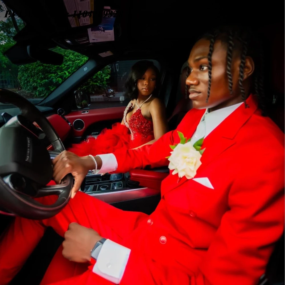 EVLAST Customized African Red Aso Ebi Mermaid Prom Dress High Slit Ruffles Crystal Beaded Evening Gown Robe De Soirée E3P527