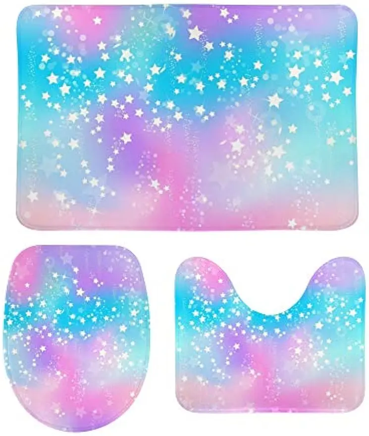 Bath Rug Set 3 Piece ﻿Pastel Galaxy Milky Way Stars Romantic Fantasy Color Unicorn Batroom Combination Non-Slip