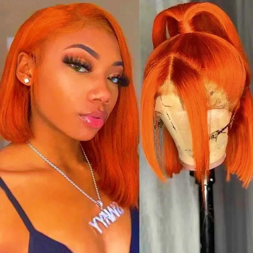 

210% 13x4 Orange Straight Lace Frontal Bob Wig Pre Plucked Human Hair Wigs Brazilian Remy Straight Short Bob Wig For Women