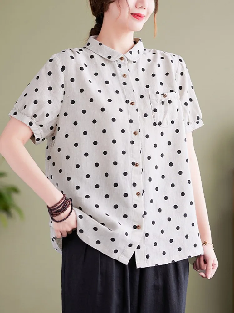 

Женские Летние повседневные рубашки, Новое поступление 2022, винтажный стиль, принт в горошек, свободные удобные женские топы с коротким рукавом, рубашка B2024