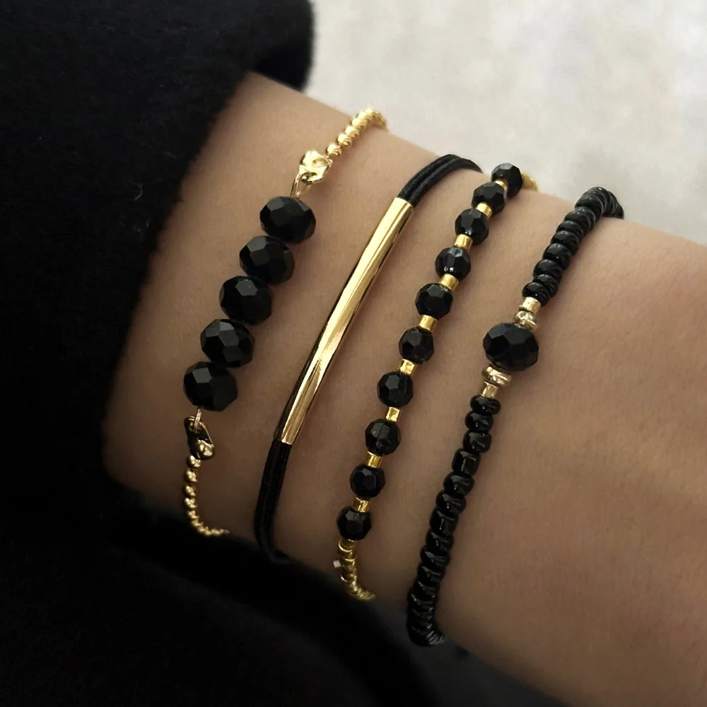 4Pcs/Set Fashion Black Glass Stone Bracelets For Women Boho Handmade Jewelry Accessories