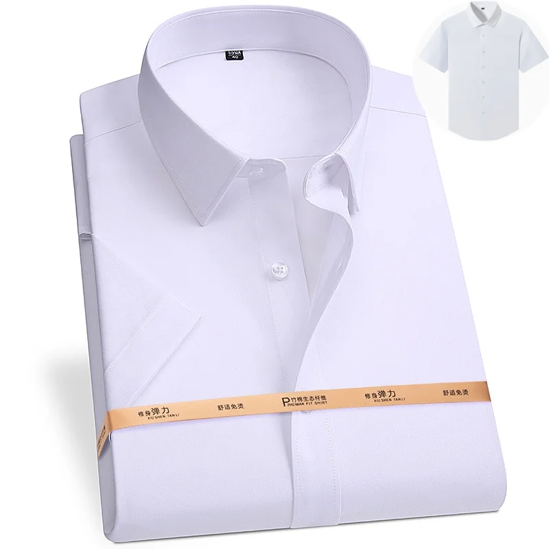 8XL New Fabric 50% Bamboo Fiber 46% Polyester 4%Spandex Long Sleeve Men Shirts Short Sleeves Soft Easy Care No-Iron Anti-Wrinkle