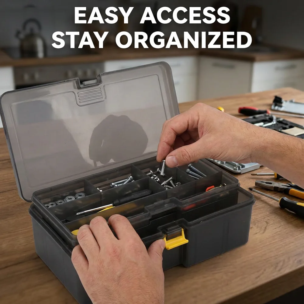 Freely Removable and Washable Double-Layer Storage Box, Household Hardware Tool Organizer, Multi-Functional Storage Box for Sea Fishing Lures, Fish Hooks, and Accessories, Multi-Functional Double-Layer Plastic Tool Box