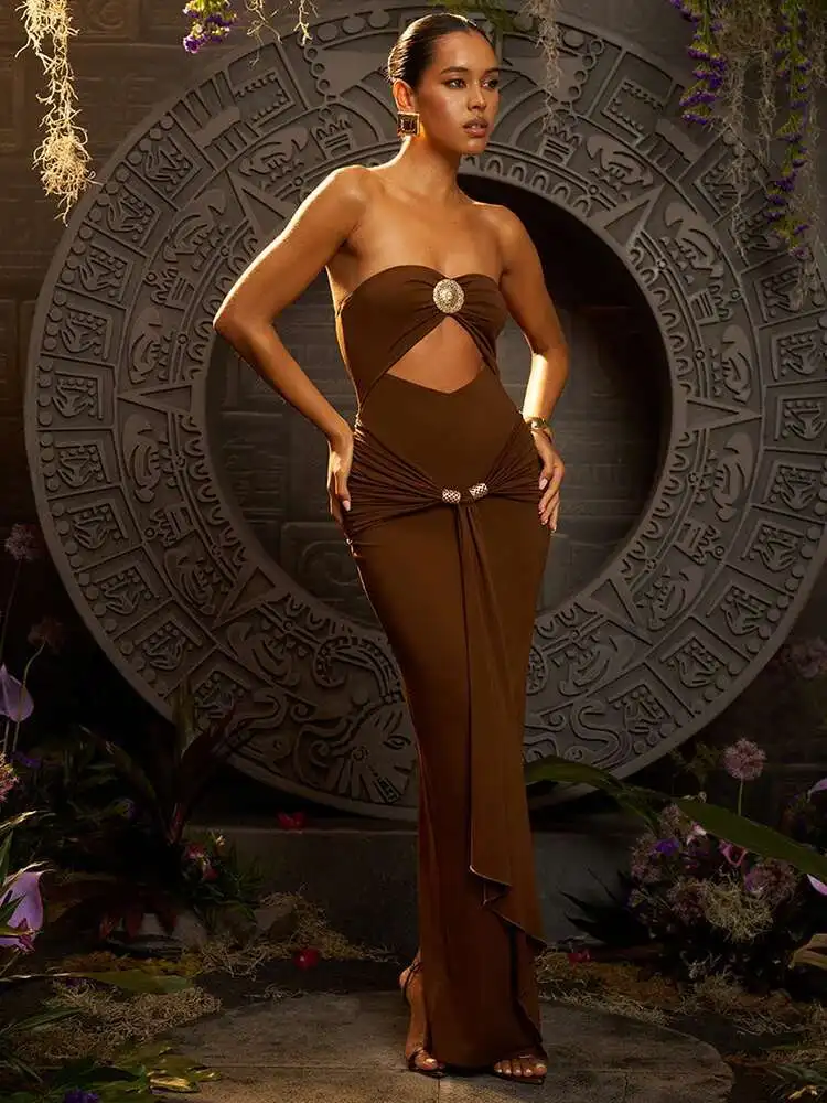 โลหะที่ไม่มีสายหนัง Hollow Out Maxi ชุดผู้หญิง Shirring ริบบิ้น Backless Bodycon หลอดชุดยาว Elegant Party Clubwear