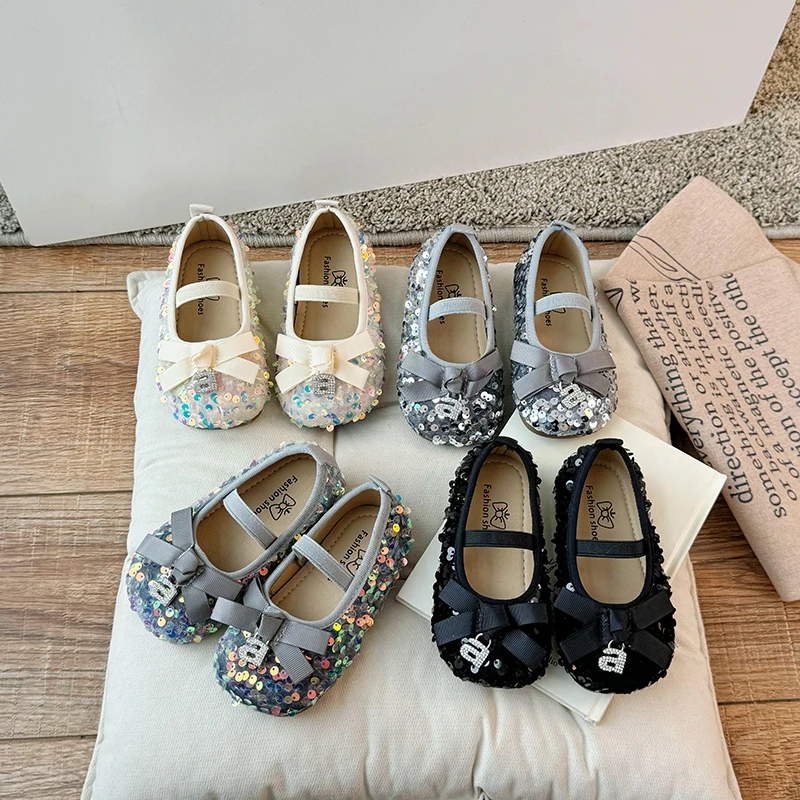 Children Lesther Shoes for Girls 2024 Spring/Summer New Single Shoe for Party Cute Korean Sequin Bow Fashionable Princess Flats