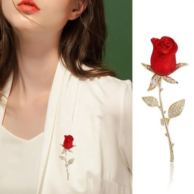 Creative Beautiful Rhinestone Rose Flower Brooches For Women Lady Elegant Flower Pin Summer Wedding Party Valentine's Day Gift