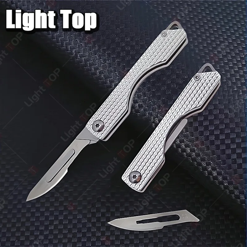 Stainless Steel Folding Knife Mini Keychain Pocket Knife Quick Open Scalpel Knife Replaceable Blades Kitchen Knife Accessories