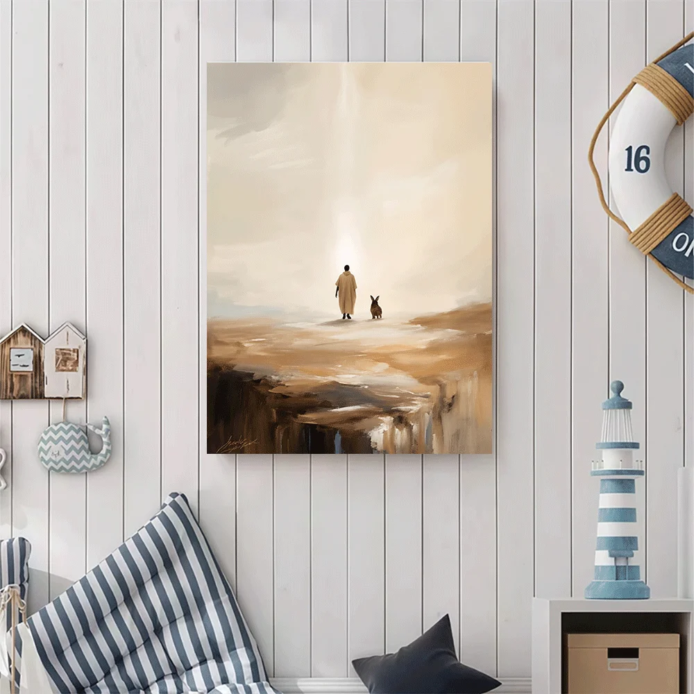1PC-Unframed Canvas poster wall decoration  Desert Journey Man and Rabbit Under Light Beam Art Print