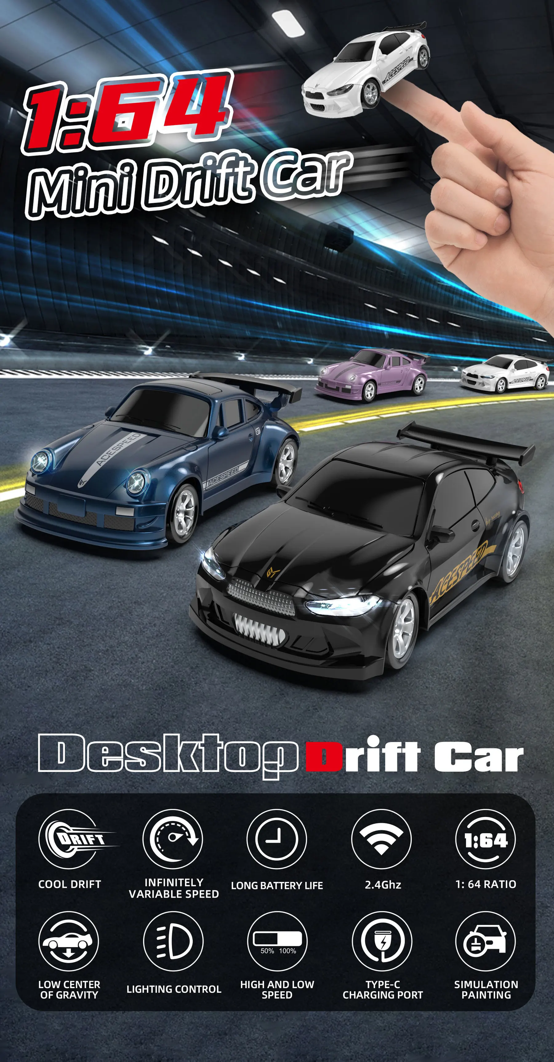 New 4WD 2.4GHZ RC Simulation Mini Drift Car Palm Racing Model Desk Toys 1/64 Scale Remote Control Car Gift for Children Boys.