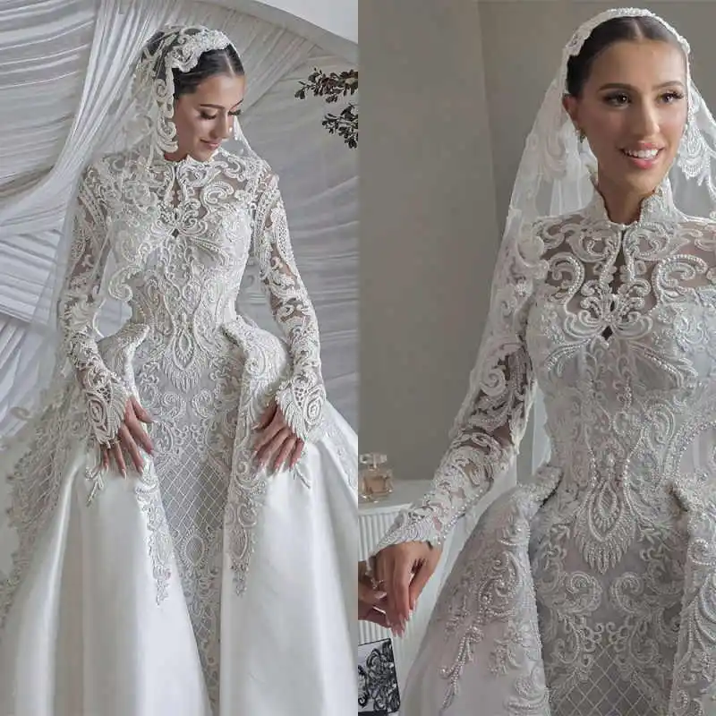 

Classic Wedding Dress New Appliques Prom Gown Remove Train Flower Lace Bridal Dresses Pearls Vestidos De Novia Size Customized