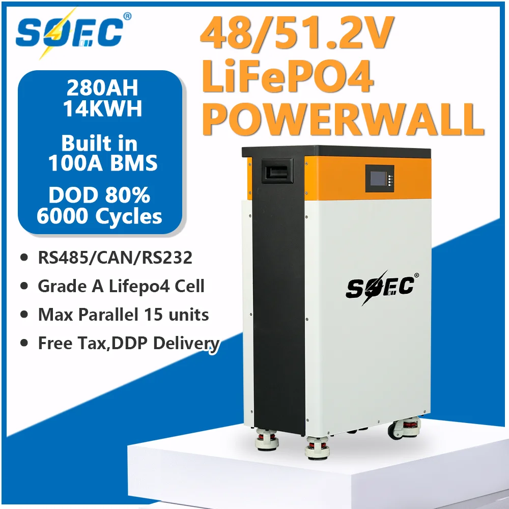 SOEC 14KWH Powerwall 48V 280AH Lithium Battery Built-in BMS with RS485 CAN 51.2V Lifepo4 Battery for Off-grid and Grid Systems