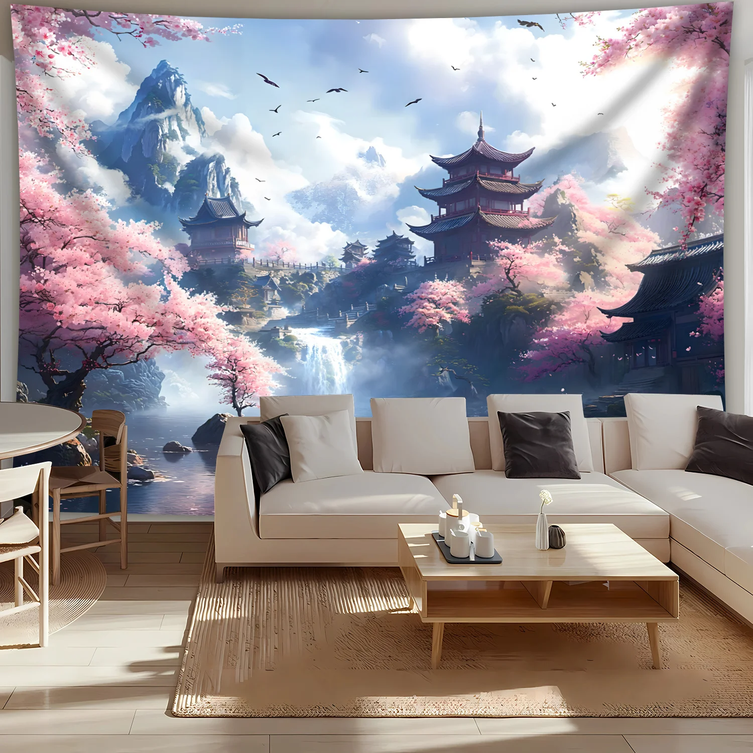 Asian Landscape Cherry Blossom Tapestry Japanese Garden Waterfall Mountain Scenery Wall Art for Zen Meditation Yoga Studio Calm