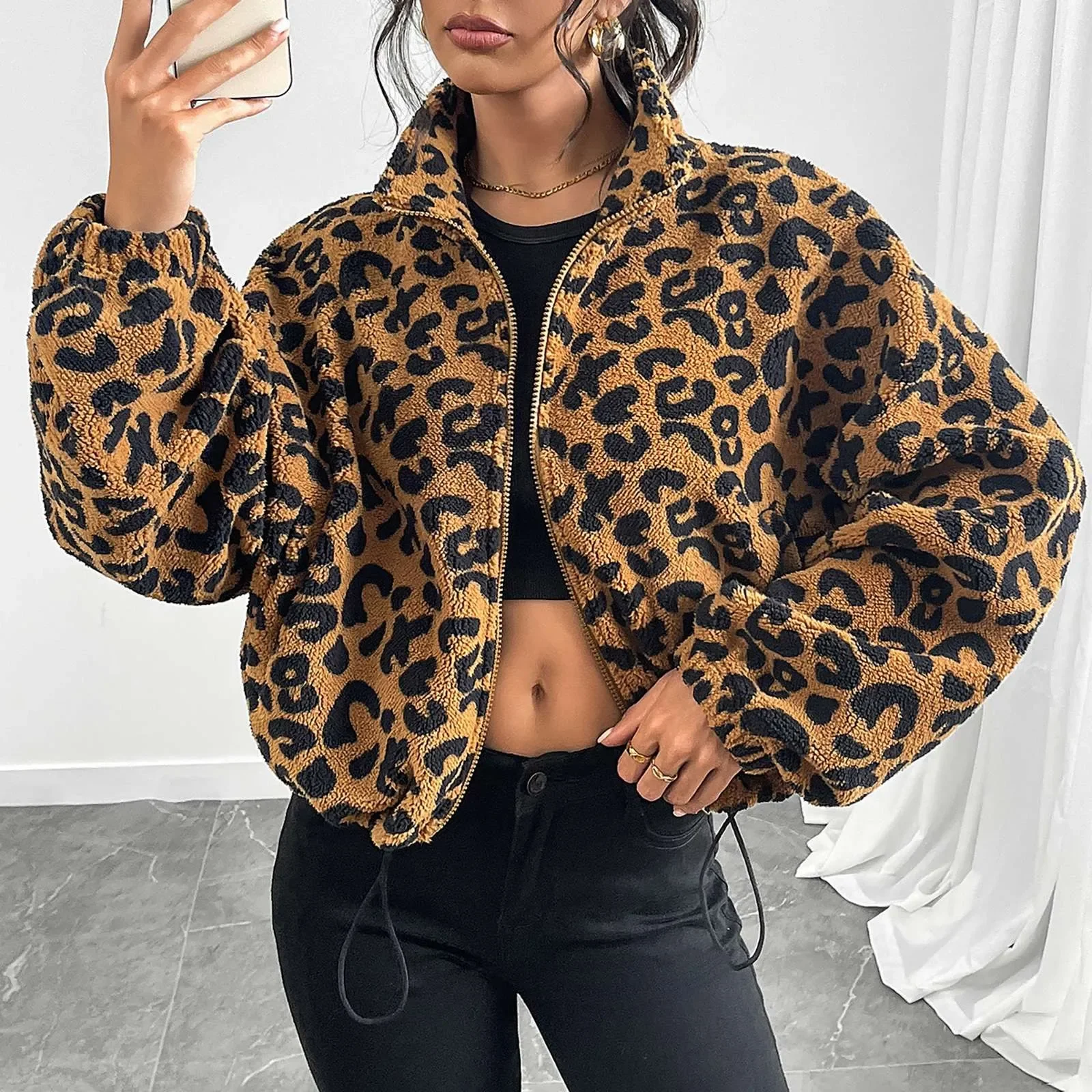 Lampart zapinana na zamek kurtka z długim rękawem bluza polarowa krótki płaszcz jesień/zima damska odzież wierzchnia sweter z zamkiem błyskawicznym płaszcz damski