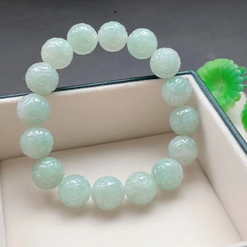 Natural Green Jade A Round Beads Carved Bracelet Pendant 12mm Women Natural Gemstone Rare Jade A Crystal AAAAAA