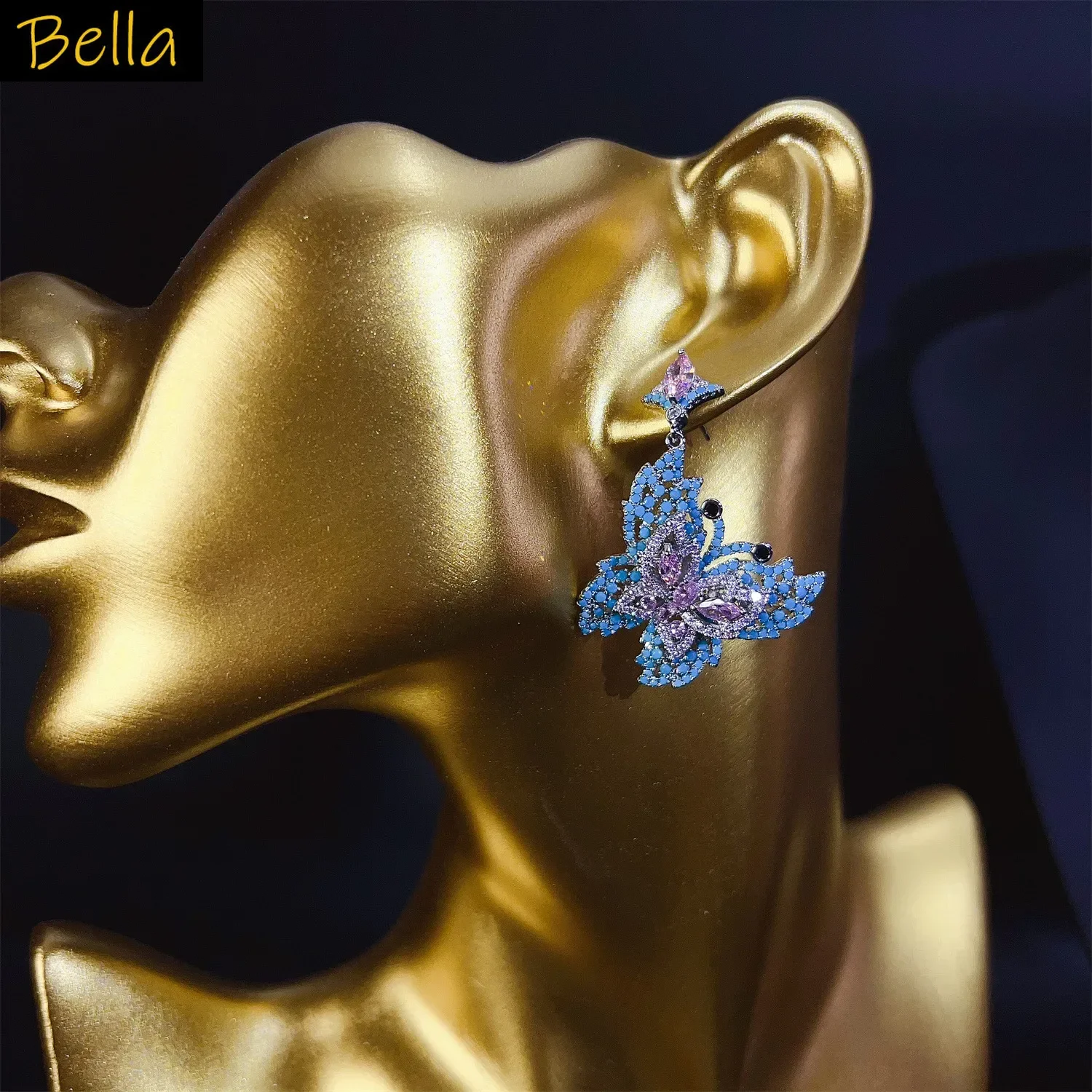 الأزرق الأسود فراشة أقراط الزركون لامعة مجوهرات فاخرة زفاف العروس عشاء حفلة أنثى هدية للذكرى السنوية الحلو