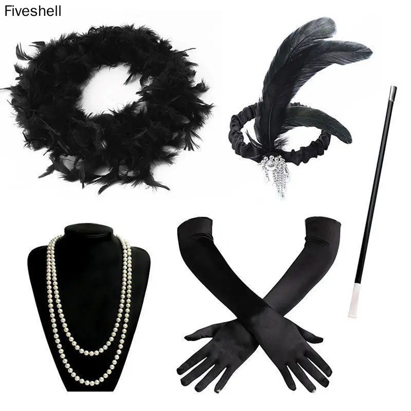 Ladies Gatsby Fancy Dress Accessories Flapper 20'S Charleston Girl Costume Set foa necklace headband gloves cigarette holder