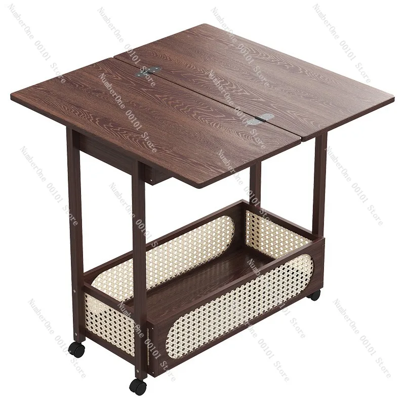 Mobile Multifunction Folding Tea Table with Wheels Solid Wood Side Desk for Living Room Sofa End Table Rolling Coffee Cart