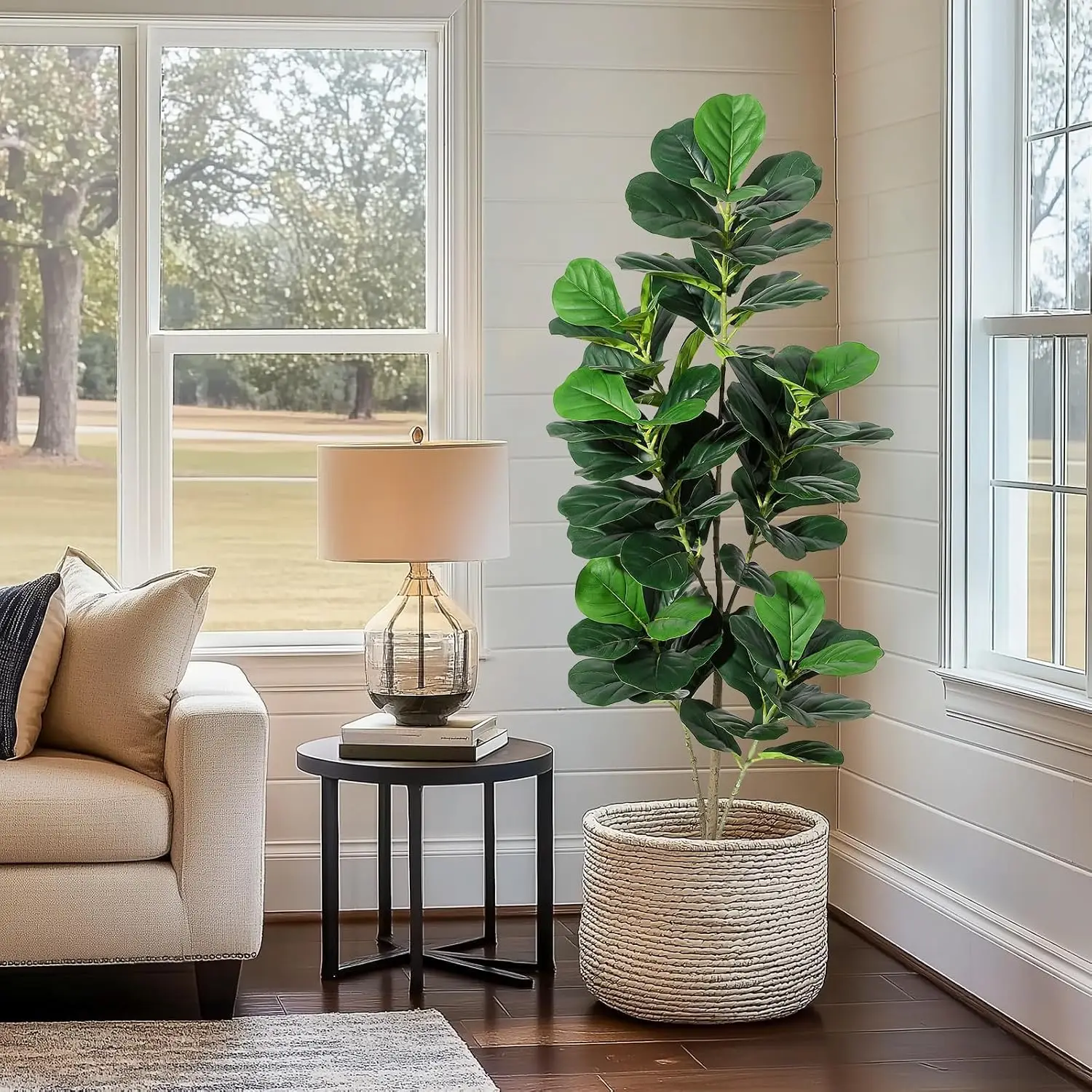 Albero di fico artificiale con foglie a forma di violino, alto 120-150 cm, con vaso decorativo – pianta artificiale di ficus lyrata verde, ideale per interni ed esterni, per decorare case in stile