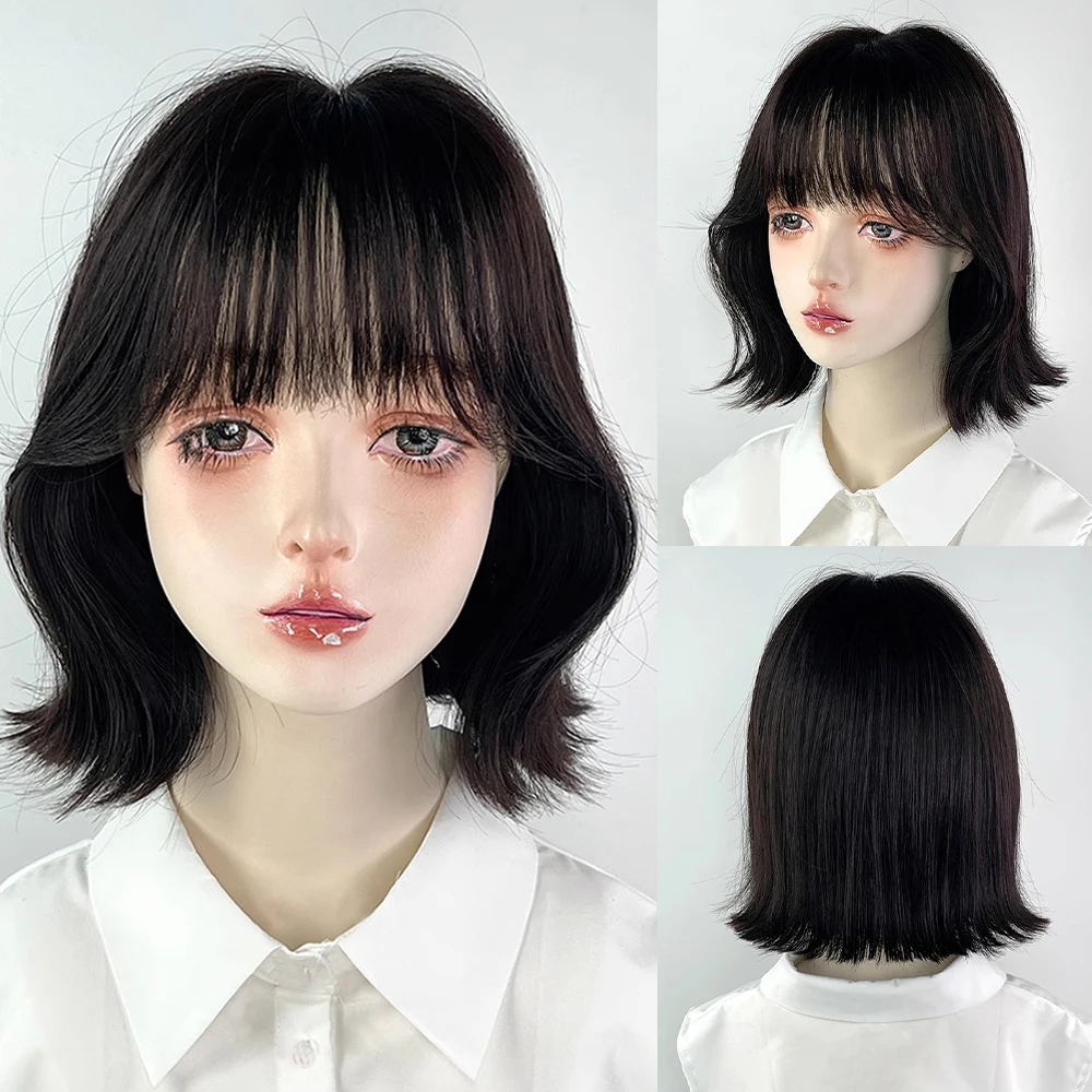 

Black Short Straight Synthetic Fluffy Wig with Bangs Lolita Cosplay Women Wig Heat Resistant for Daily Party