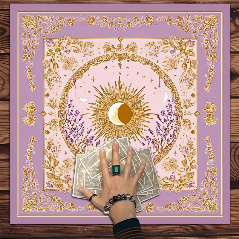 Lavender Floral Gold Sun & Moon Square Altar Cloth Mystical Celestial Tarot Reading Mat 2D Flat for Witchy Bohemian Home Decor