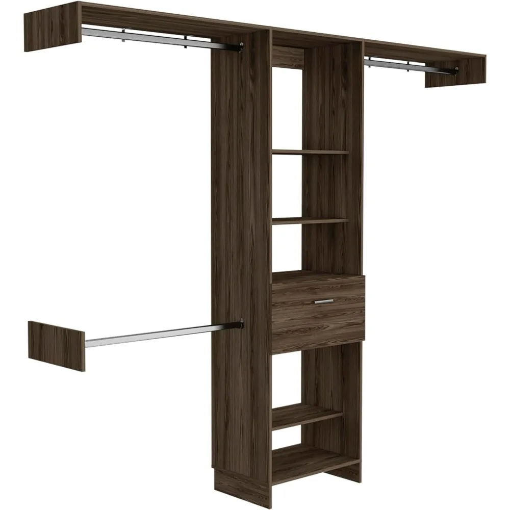 98.4inch Closet System, with Five Open Shelves, One Drawer and Three Metal Rods, Built-In Garment Rack