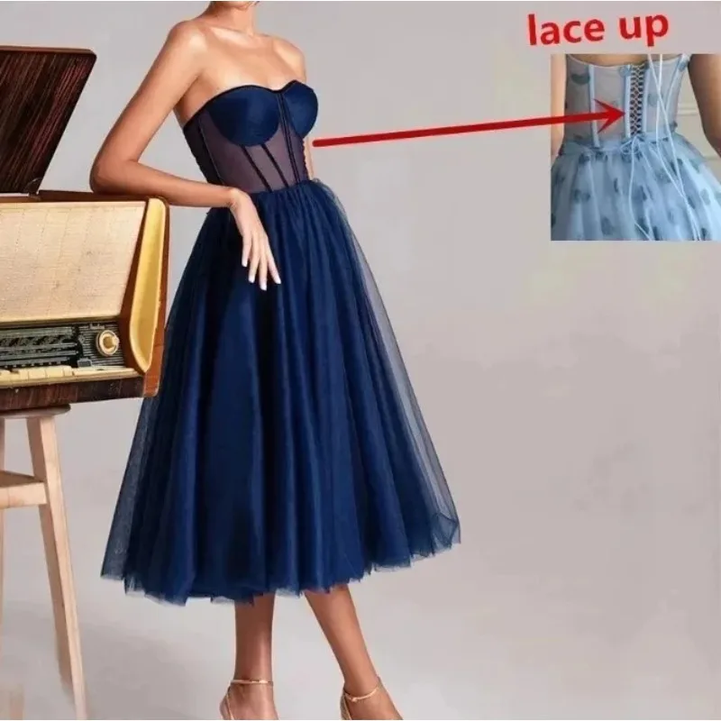 2025 simples verde tule uma linha curto vestidos de baile querida sheer espartilho superior chá comprimento formal vestidos de festa personalizado