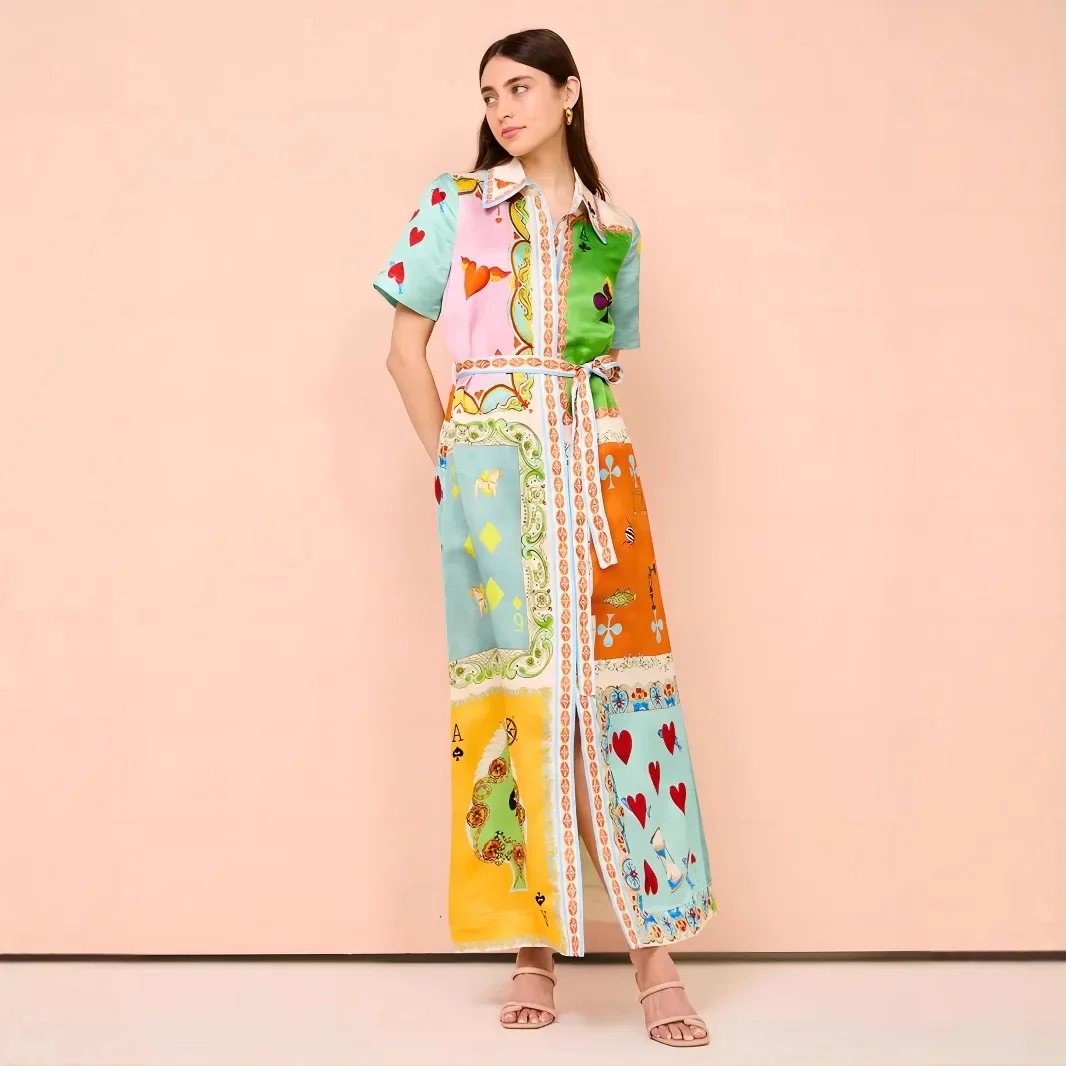 New 2025 Women's Linen Short Sleeve Casual Belted Open Cardigan Dress Loose Fit Comfortable Style Cross-Border Fashion Dress