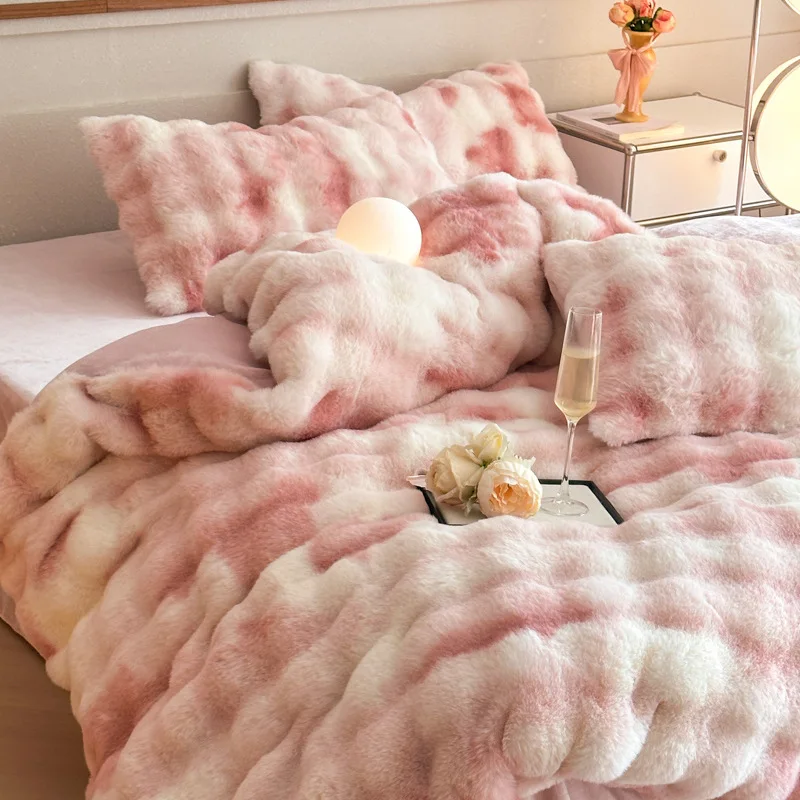 Colorful Bubble Imitation Rabbit Plush Bedding Set with Coral Fleece Duvet Cover Flat Sheet Pillowcase Warmth Quilt Cover Set