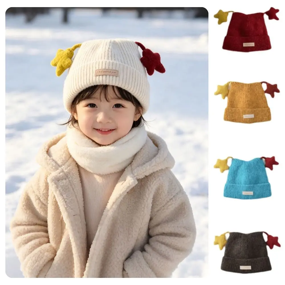 Cute Cat Ear Shape Kids Beanie Star Decor Wind Resistant Children Hat Stretchy Thick Knit Knitted Cap Daily