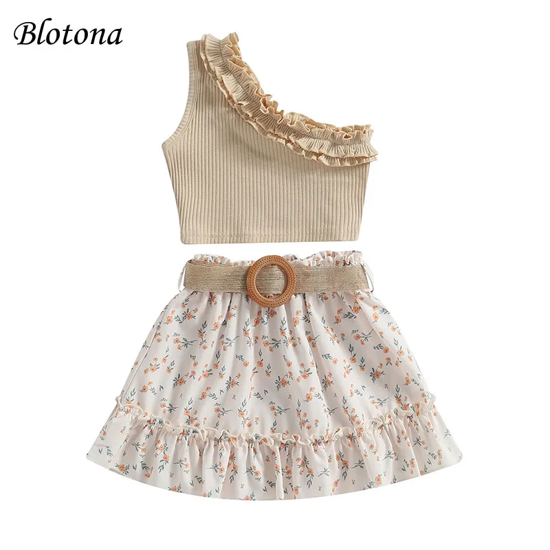 

Blotona Kids Baby Girl Summer Outfit Casual One Shoulder Ribbed Tank Tops Elastic Ruffle Floral Skirt with Belt Set 18M-6Y