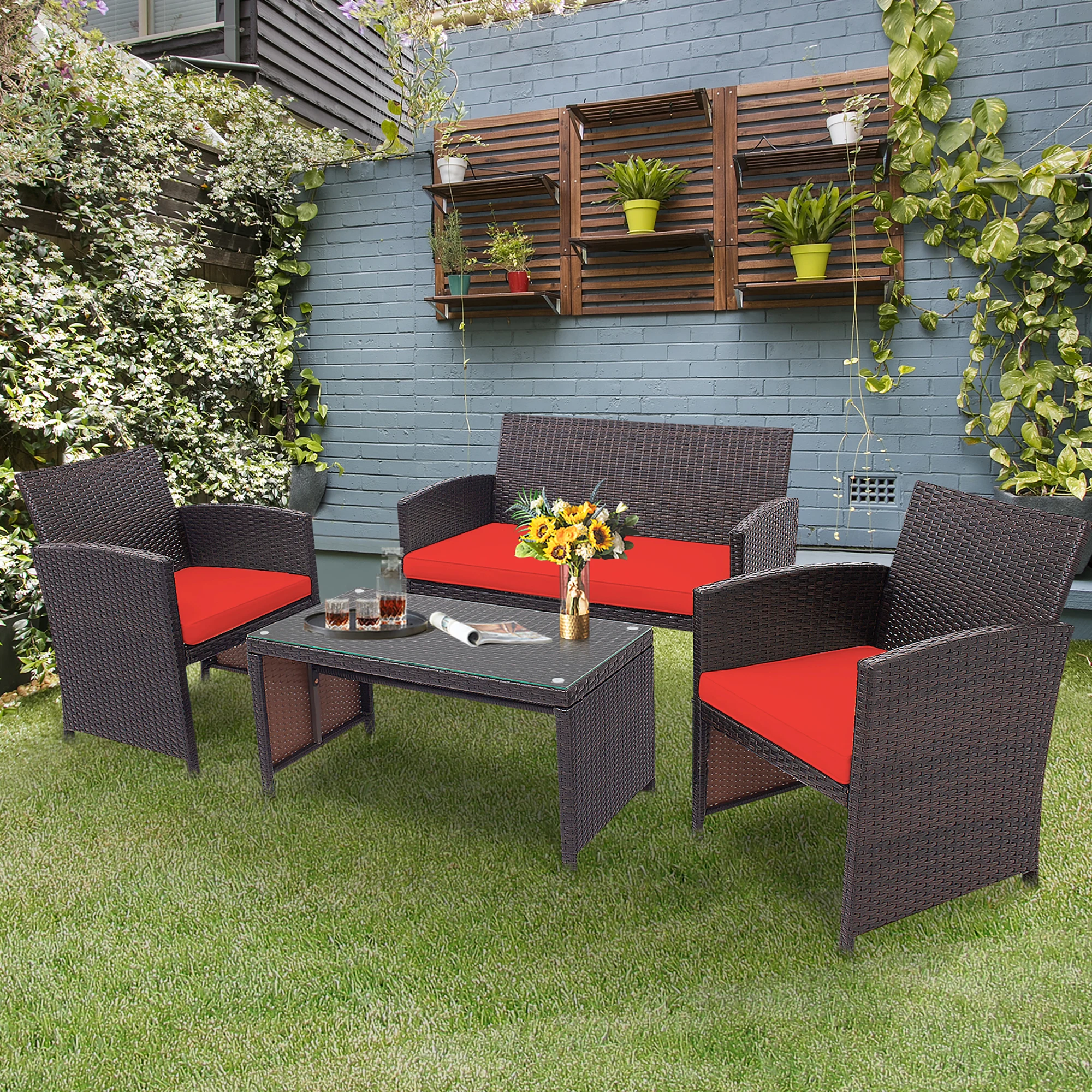 

4PCS Patio Rattan Furniture Set Cushioned Chair Sofa Coffee Table Red