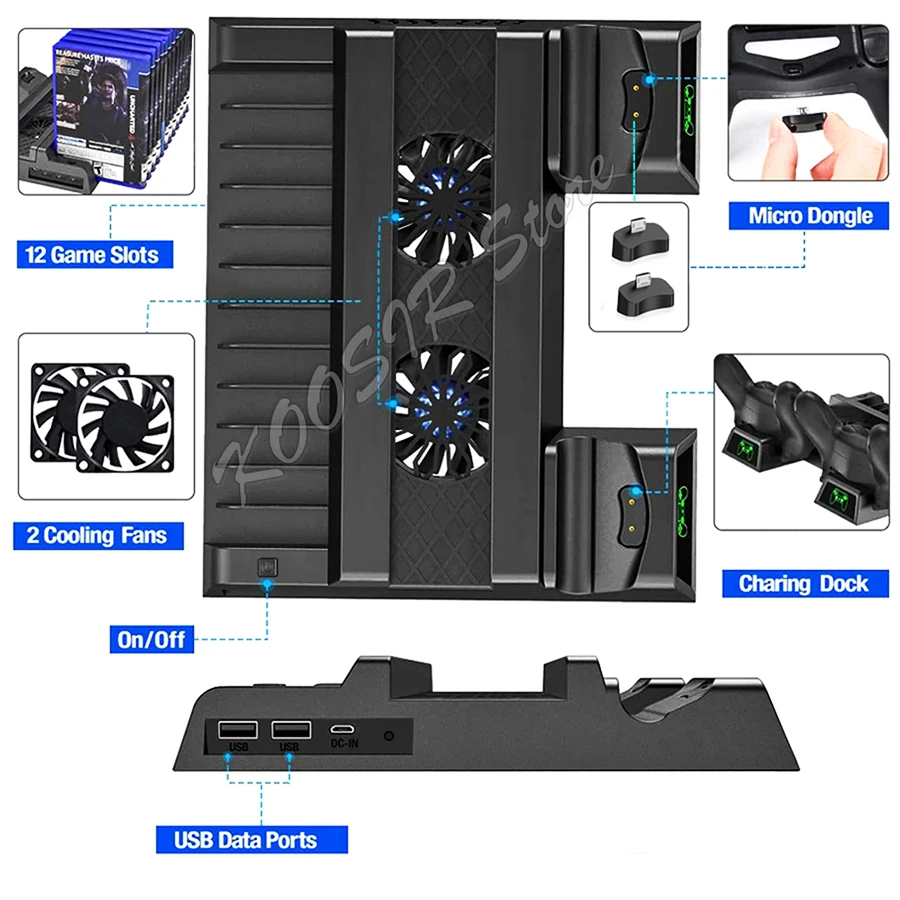 Vertical Cooling Stand For Sony Playstation 4 Slim PS4 Pro Console With 2 Dualshock 4 Controller Charge Station 12 Games Bracket