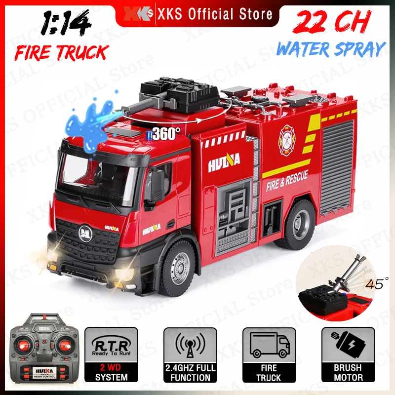 HuiNa 1/14 RC Truck 2.4G Remote Control 22 Channels Fire Truck Model Water Spray Sound Led Light Big Siz RC Car Toy Gift for Boy