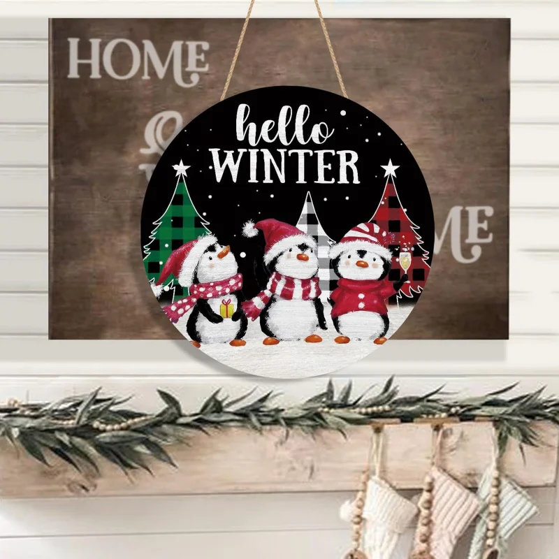 Winter Penguin Door Sign Wood Door Hanger Outdoor Outside Porch Decor Christmas Farmhouse Wooden Indoor Wall Hanging Decoration