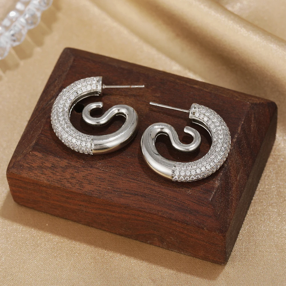 Classic Inlaid Cubic Zirconia Geometric Hoop Earrings Silver Color Spiral Vortex Ear Studs Waterproof Unique Jewelry Pendientes