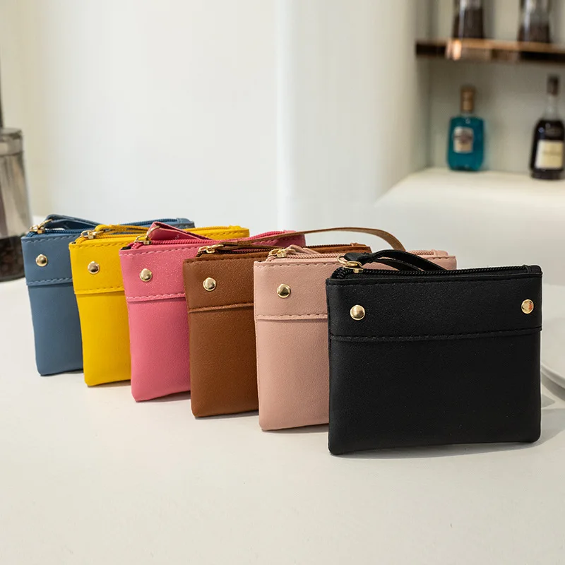 

Women Short PU Leather Wallet Small Solid Color Coin Purses New Mini Key Pouch Fashion Credit Card Pouch with Wrist Strap