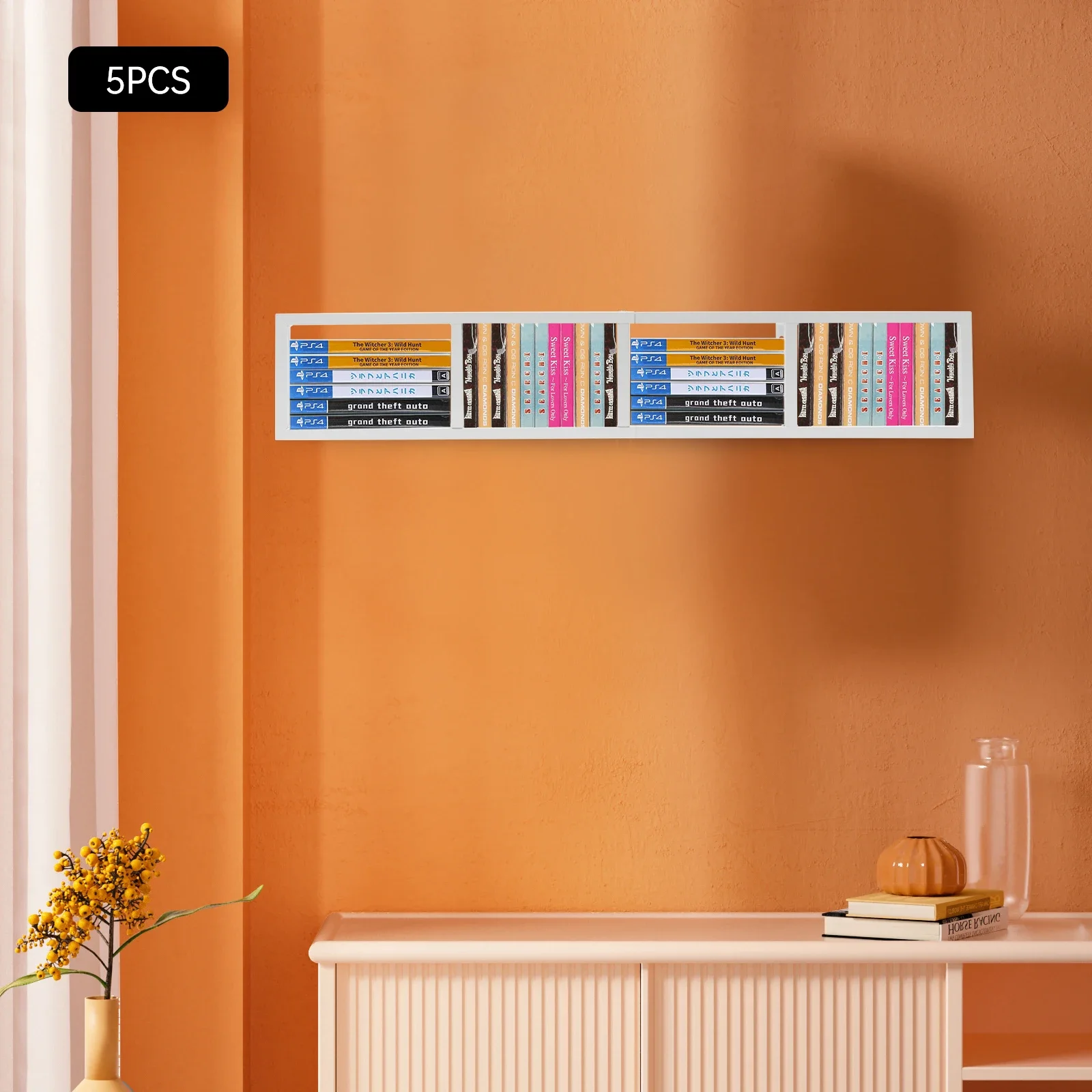 Paquete de 5 estantes de almacenamiento para CD y DVD de metal resistente de 34 pulgadas, soporte de pared, organizador multimedia de capacidad de 10 kg para discos de películas y videojuegos