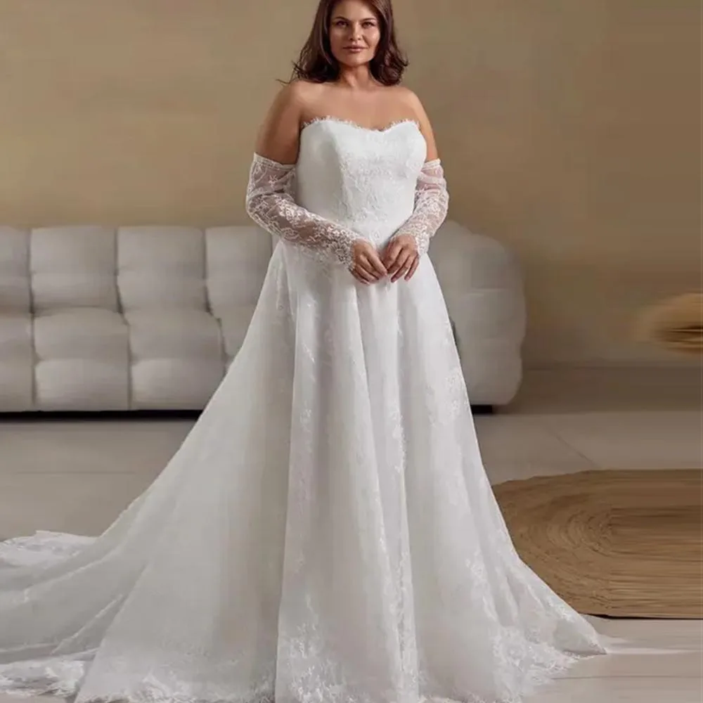 

Plus Size Wedding Dresses For Bride sweetheart A-Line Bridal Gowns Detachable Sleeve Lace Applique Brides dress Customized