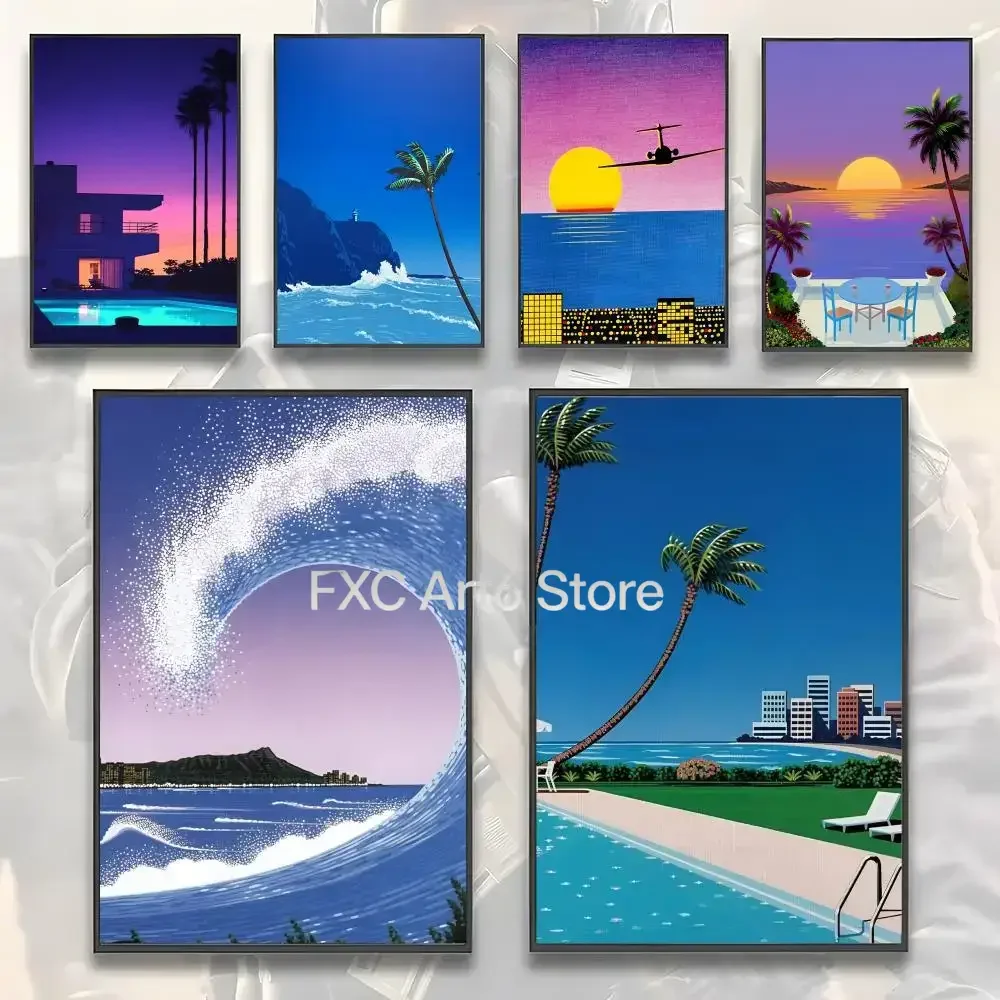 1PCS  Frameless  Hiroshi Nagai Vaporwave Japan Beach Painting Calligraphy HD Canvas Poster living room bedroom bar aesthetic dec