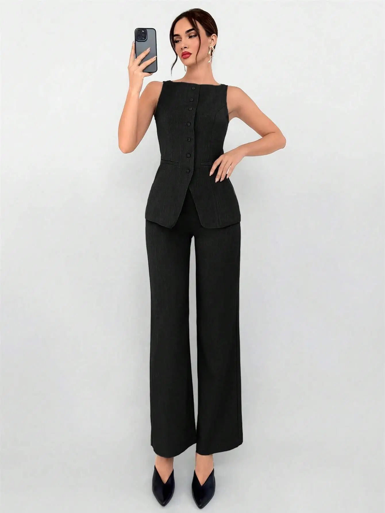 

Women 2pcs Black Sleeveless Vest And Wide Leg Trousers Suit Set Office Casual Wear