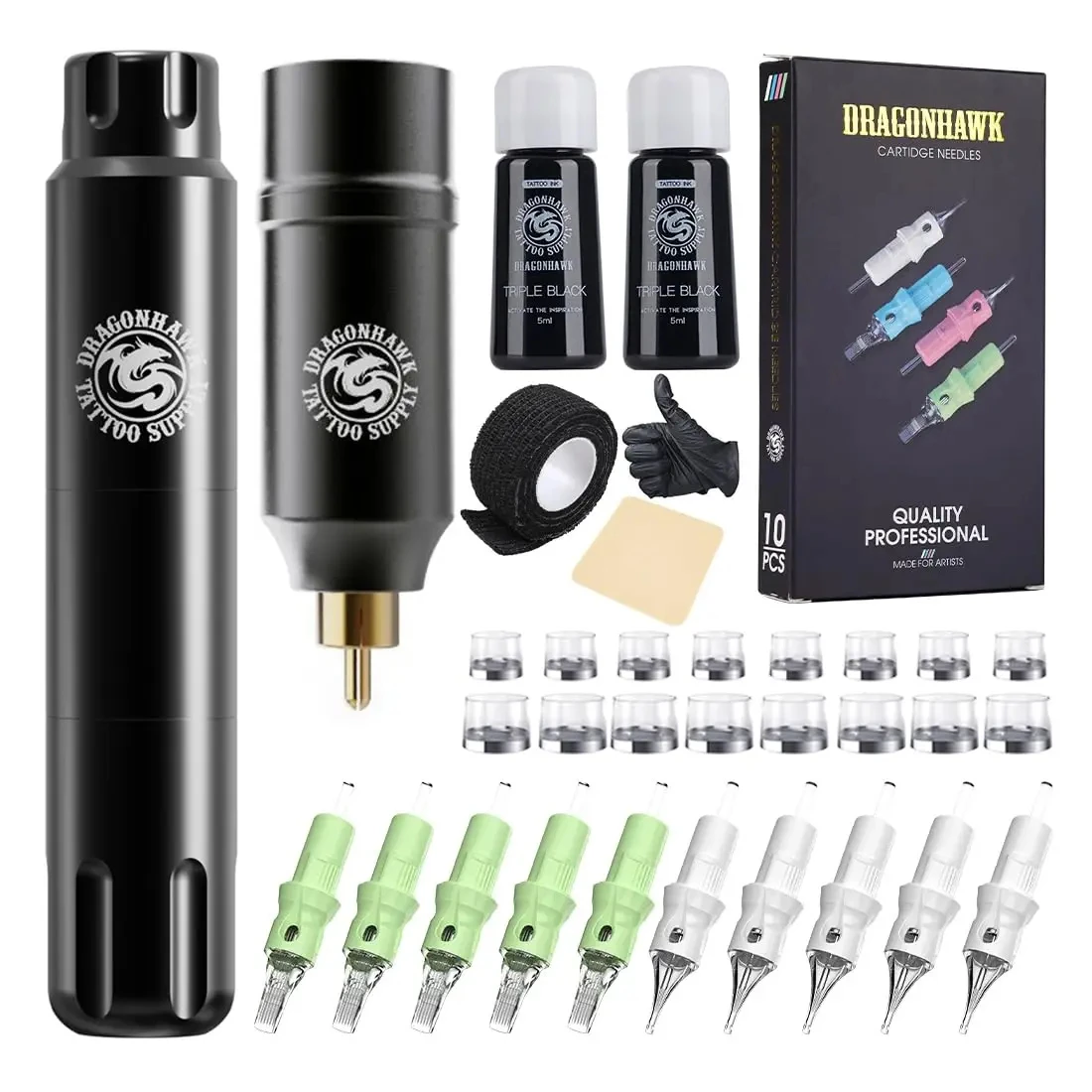 

Dragonhawk Tattoo Machine Full Kit Rechargeable Battery Lightweight 3.0mm Stroke 10Pcs Tattoo Cartridges for Beginners Supplies