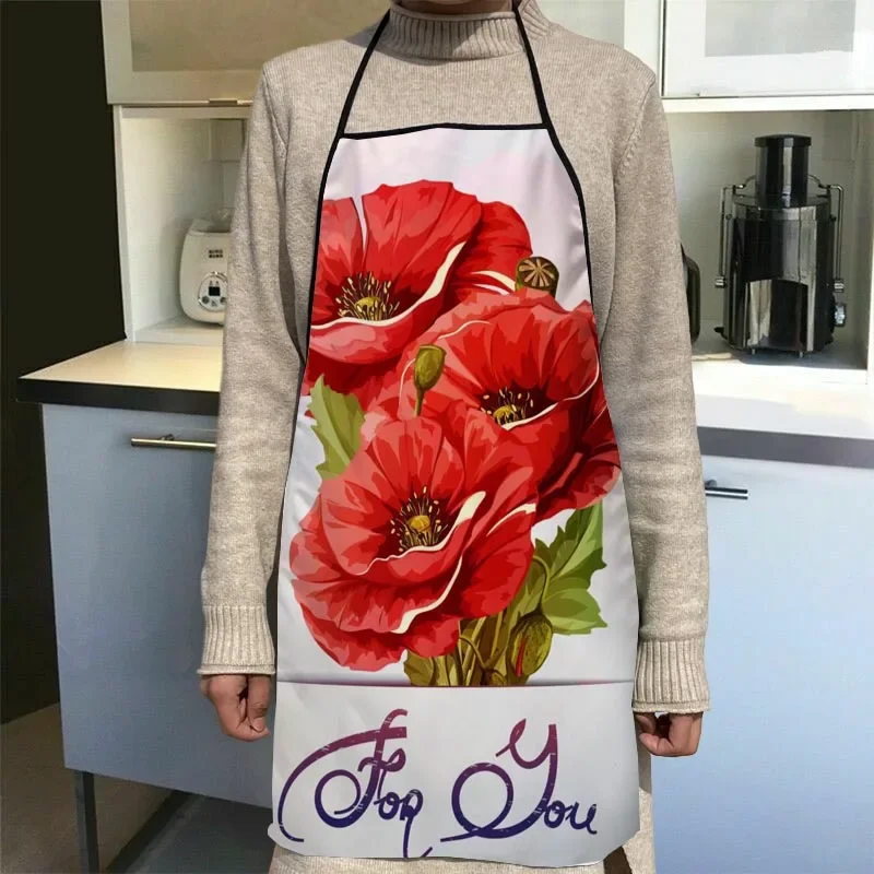 Flower Poppy Apron Kitchen Women Oxford Fabric Cleaning Pinafore Home Cooking Accessories Apron 1014