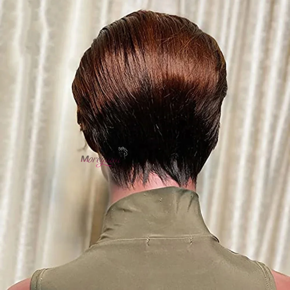 Braune Pixie-Cut Echthaarperücken für Frauen, Brasilianisches Blondes Ombre Kurzes Echthaar, Gerade Perücke mit Highlights, Vorgezupft – Detail 4