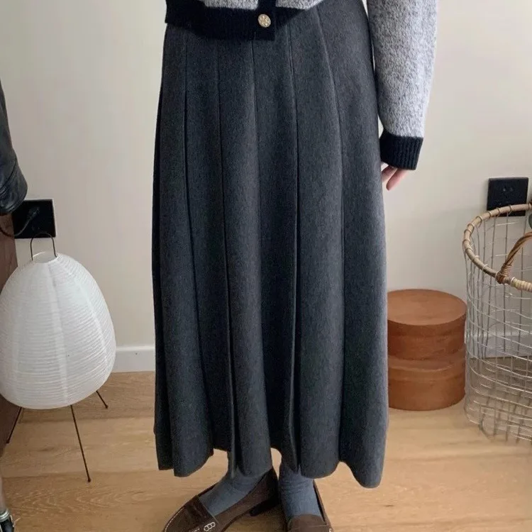 

Women Gray Black A-line Skirt 2025 New Autumn Winter Middle Long Length High Waist Slimming Thicken Warm Pleated Skirts