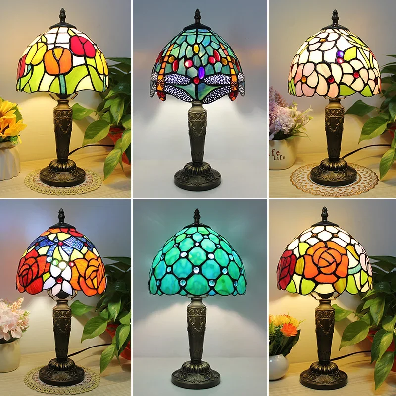 American Tiffany Table Lamp Glazed Bedroom Bedside Lamp Living Room Nordic Decoration Nostalgic Restaurant Bar Lamp