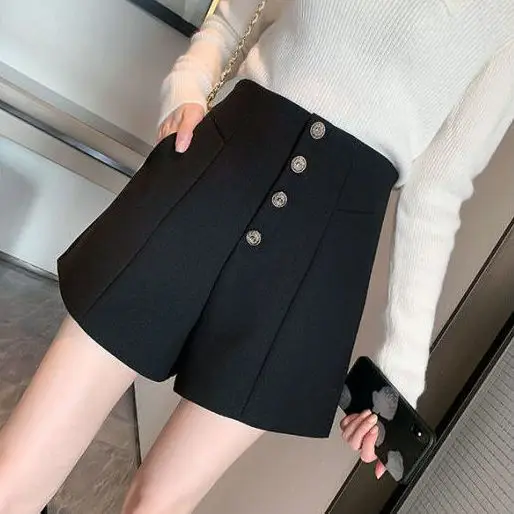 Women Tweed High Waist Short Button Vintage A-line Shorts Casual Office Shorts Women Chic Trousers 2024 Spring Summer LX537