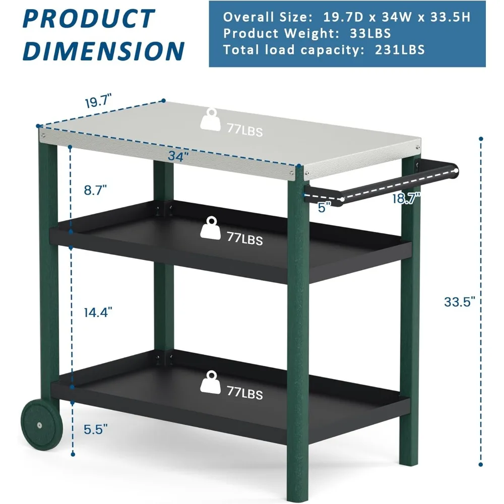 Outdoor Prep Grill Cart with Passivation Tabletop HDPE Durable Easy to Clean Rolling BBQ Cart 3 Tier Large Storage Scratch