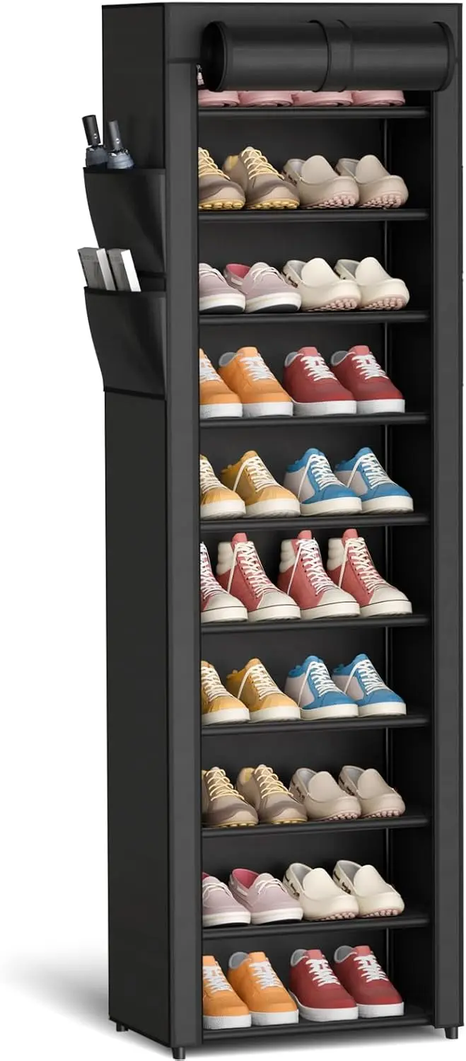 

Shoe Rack - 10-Tier Large Capacity Shoe Organizer Shelf with Dust Cover & Side Pockets, Rust-Proof Metal Shoe Rack for C