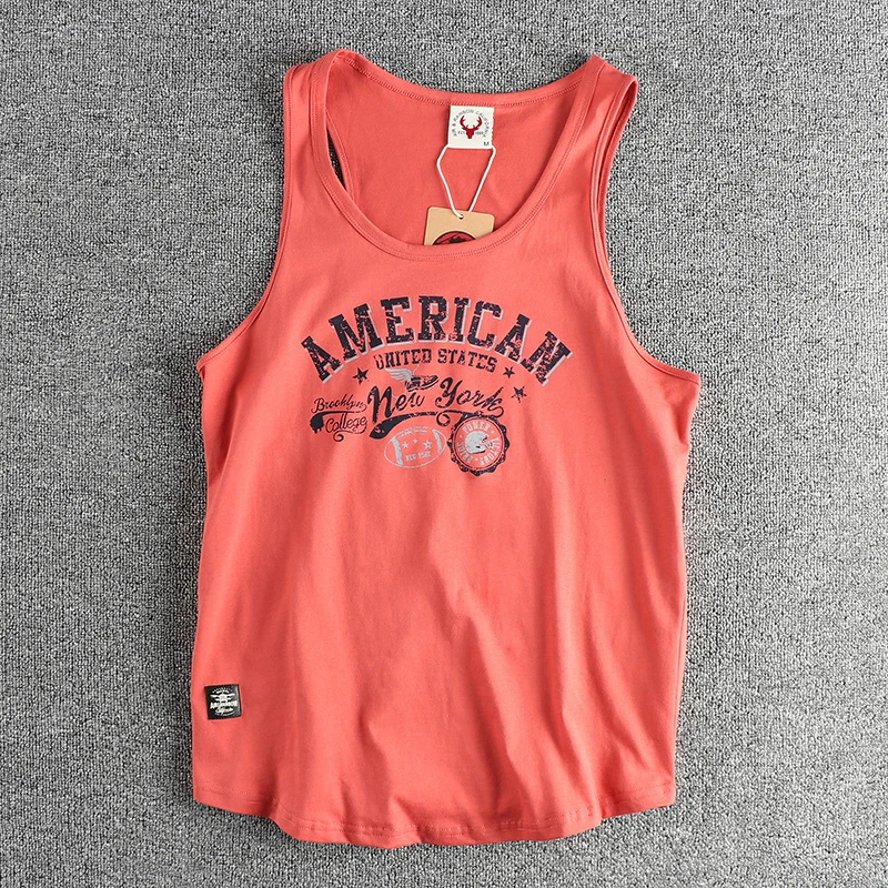 453# Summer New American Retro Sleeveless O-neck Letter Printed T-shirt Men\'s Fashion 100% Cotton Washed Casual Sports Vest Tops